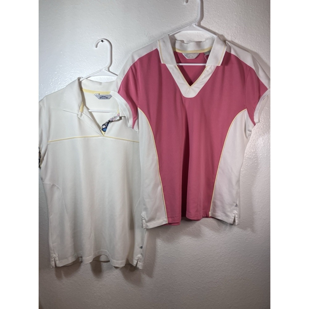 Lot Of 2 Callaway Golf Women Short Sleeves Pink White Polo Shirt Dry Sport Large